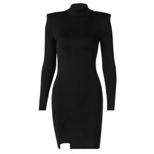 Frauen Frühling Herbst Langarm Bodycon Soild Farbe Schwarz Slim Package Hip Minikleid