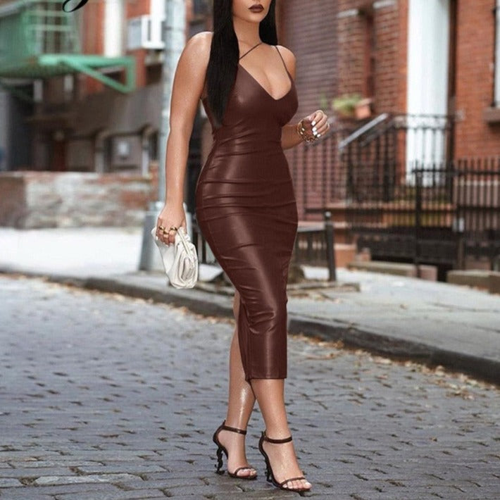 Pu Faux Leather Women Slit Midi Dress Strap Scollo a V Backless Bodycon Sexy Streetwear