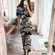 Women Summer Short Sleeve Slit Long Dress Turn-down Collar Elegant Button Draped Party Dresses