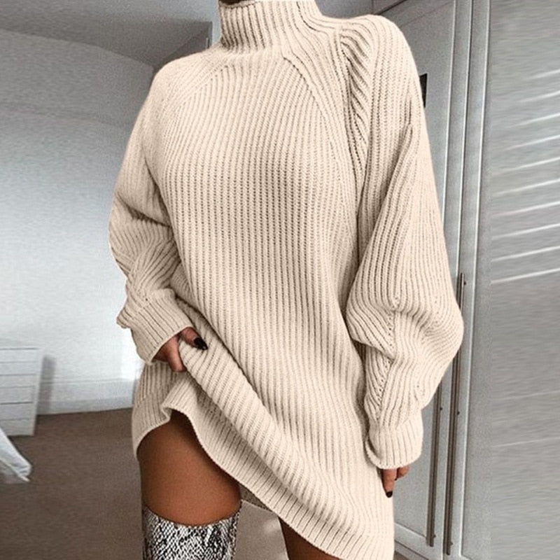 Women Turtleneck Oversized Knitted Dress Solid Long Sleeve Casual Elegant Mini Sweater Dress Plus Size