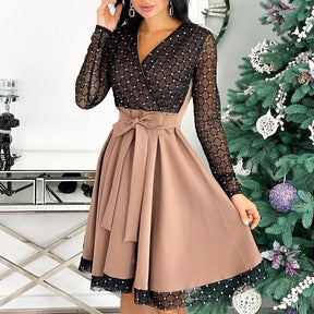 Shiny Sequin Diamond Mesh Stitching Dress Women Spring Autumn Sheer Long Sleeve Belted Slim A Line Dresses