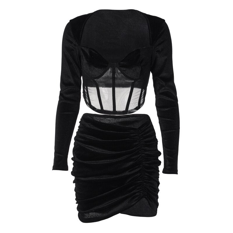 Samt Mesh Langarm Korsett Crop Top gerafftes Minikleid 2-teiliges Set Bodycon