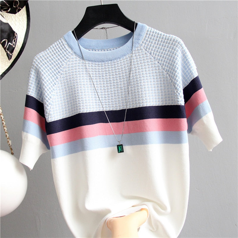 Thin Knitted T Shirt Women Short Sleeve Summer Tops Woman Clothes Striped Fashion T-Shirt