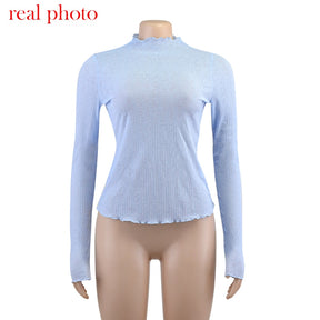 Elegant See Through Long Sleeve Mock Neck Women Tops Fashion Streetwear T-Shirts