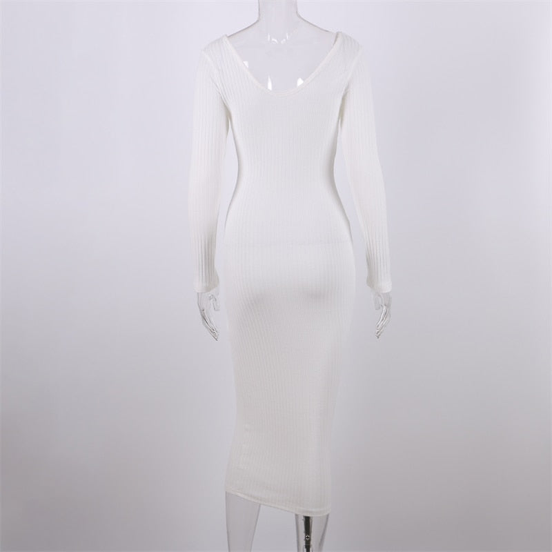 Sexy, figurbetontes Midi-Frauenkleid, gestrickt, mit langen Ärmeln, V-Ausschnitt, Party, elegante Robe, Damenkleider