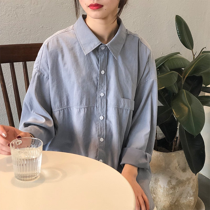 Loose Turn-down Collar Solid Female Shirts Tops Spring Summer Blouses