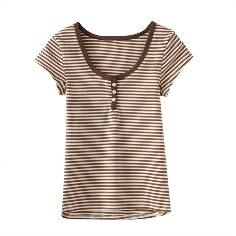 Striped Soft Cotton T-shirt 2022 Summer Fashion Slim O Neck Streetwear Tees Women Chic Tops