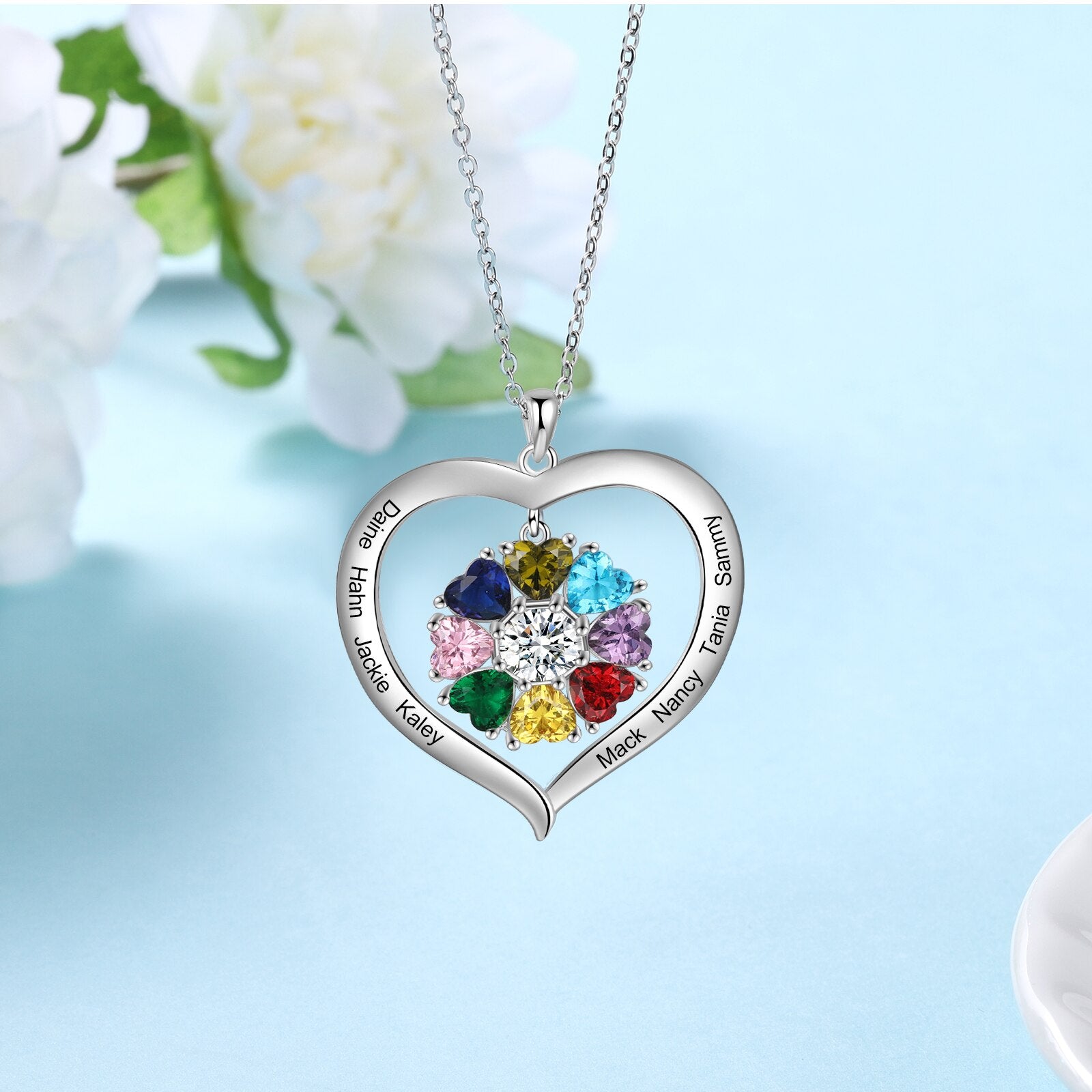 Personalized Heart Name Necklace with 1-8 Engraving Birthstone Pendant