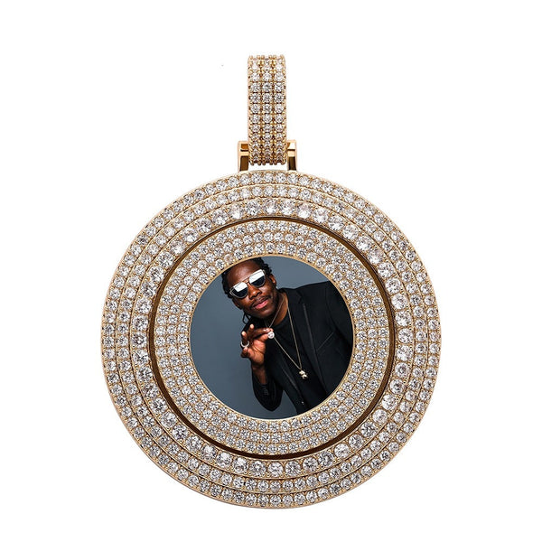 Big Size Custom Photo Rotating Pendant Necklace Full Iced Out Cubic Zirconia Hip Hop Jewelry