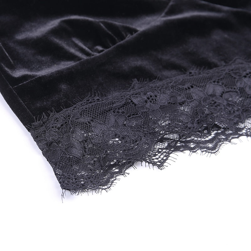 Ins Goth Sexy Women Gothic Crop Top Flare Long Sleeve Lace Hollow Out Black  V-neck T-shirt