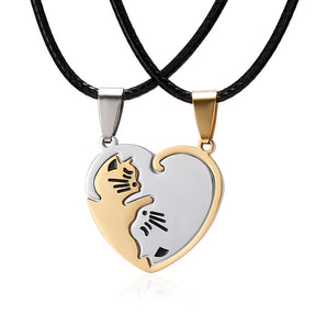 Black White Cat Stitching Necklace Friendship Heart Shape Gold White Cat Cute Couple Jewelry