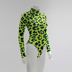 Women Long Sleeve Leopard Skin Prinetd Bodysuit Sexy Neon Green Streetwear Jumpsuit