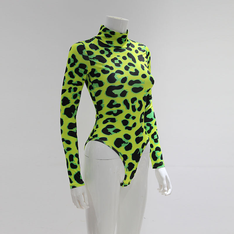 Women Long Sleeve Leopard Skin Prinetd Bodysuit Sexy Neon Green Streetwear Jumpsuit