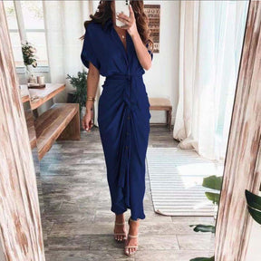 Women Summer Short Sleeve Slit Long Dress Turn-down Collar Elegant Button Draped Party Dresses