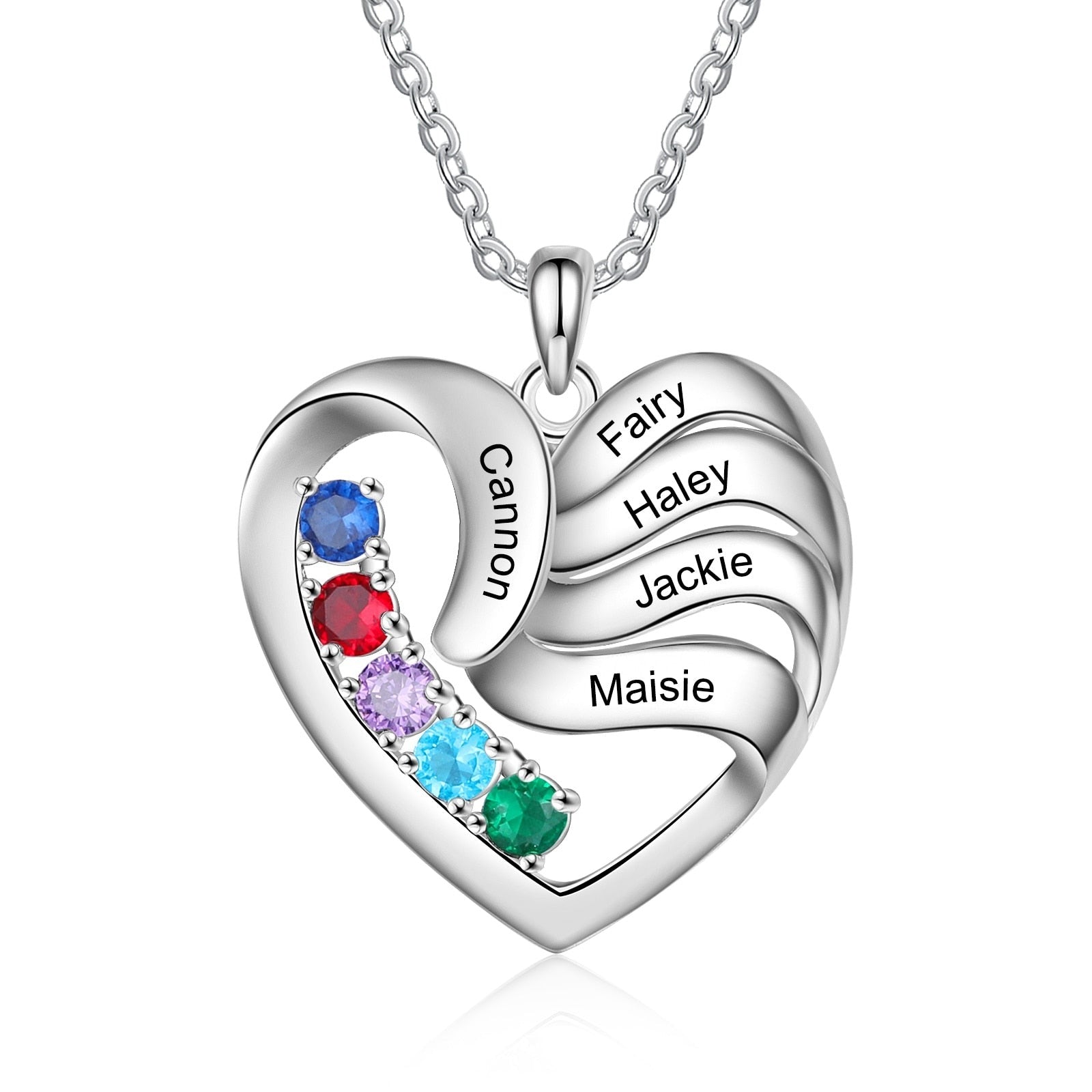 2-5 Names Customized Birthstone Fashion Memorial Heart Necklace