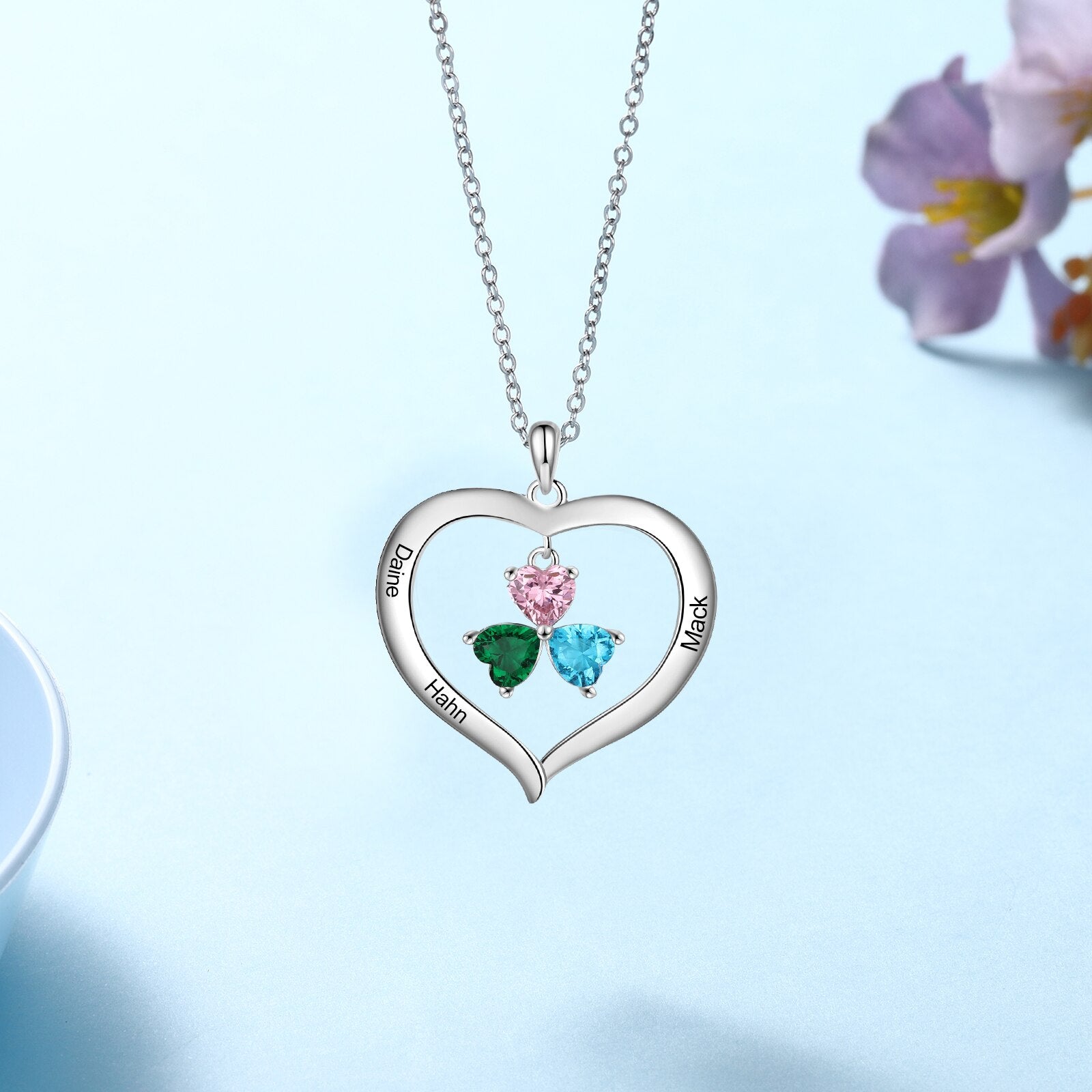 Personalized Heart Name Necklace with 1-8 Engraving Birthstone Pendant