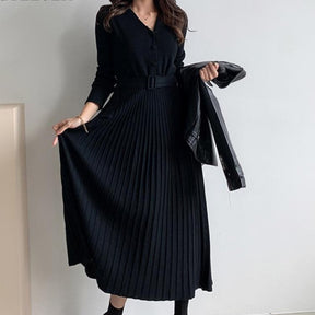 V-neck Single-breasted Women Thicken Sweater Dress Knitted Belted Female A-line soft dresses