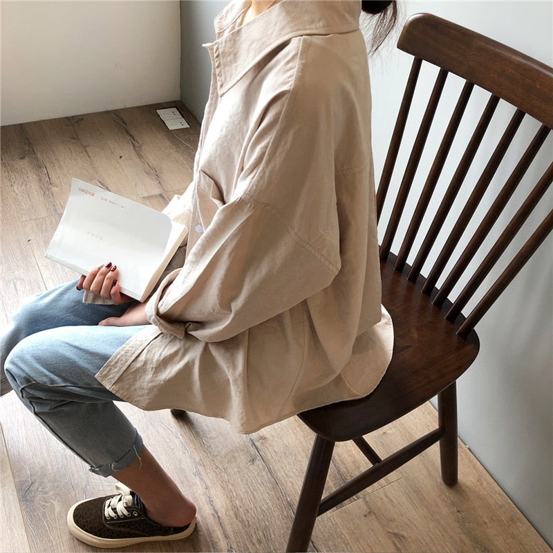 Loose Turn-down Collar Solid Female Shirts Tops Spring Summer Blouses