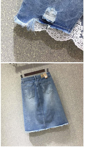 Spring Women Denim Skirts Casual Lace Irregular A-line Skirts