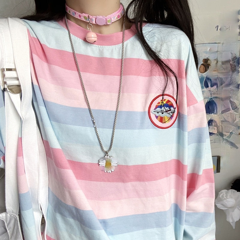 Long Sleeve T Shirt girl Top spring autumn embroidery stripe Tees Women full Sleeve T-shirt