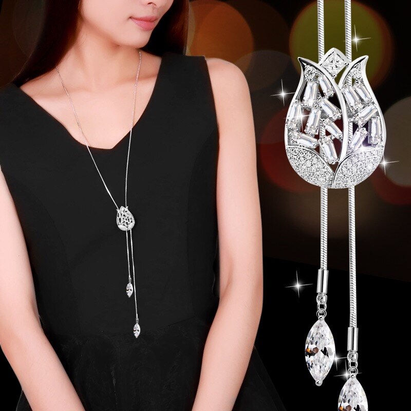 Collier Femme Long Gray Crystal Necklaces & Pendants for Women Round Statement Necklace