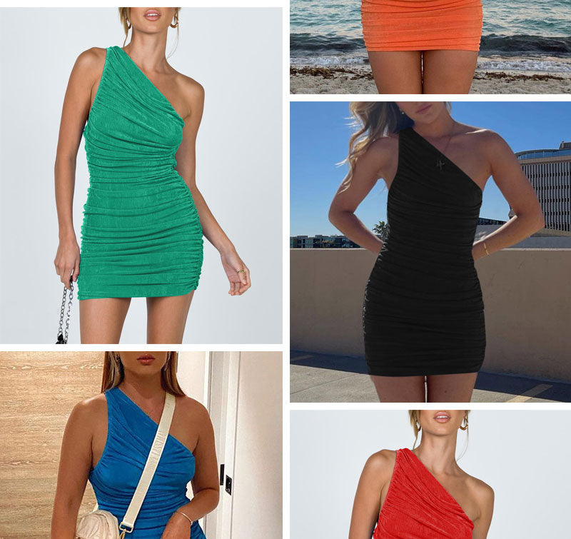 Elegant One Shoulder Party Dresses For Women Sleeveless Ruched Bodycon Dress Sexy Mini Summer Dress