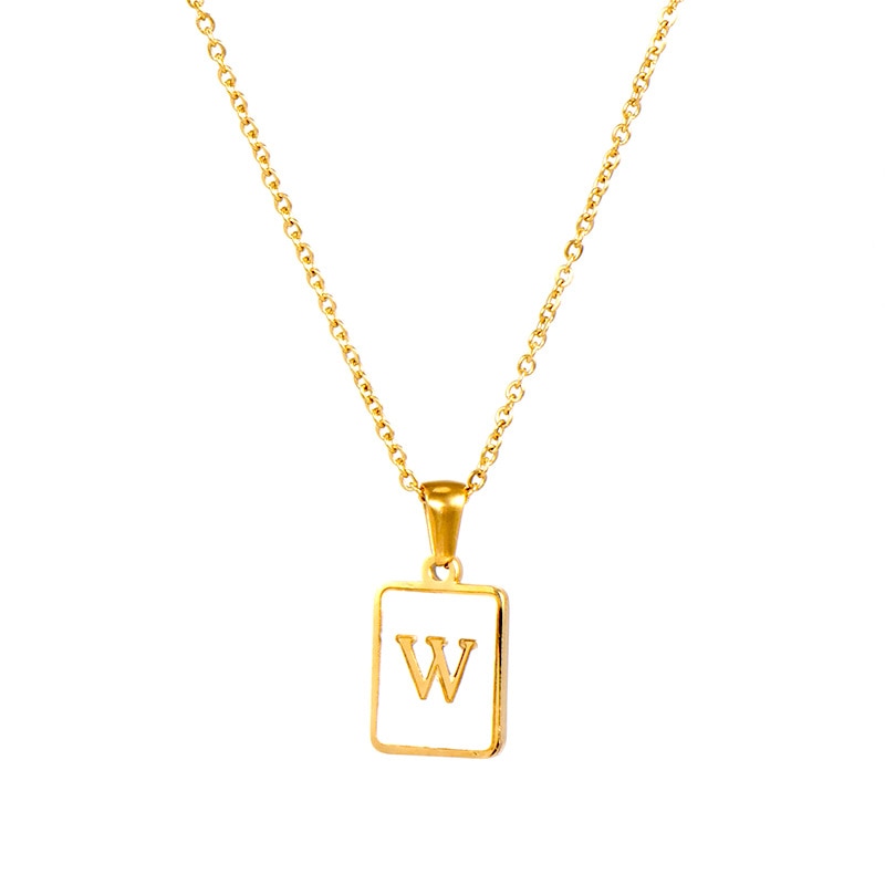 18K Golden Chain Necklaces Male Square Natural Shell Initial Letters Pendant Stainless Steel Jewelry