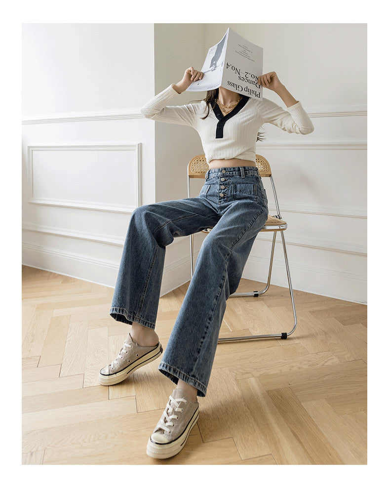 Women's Loose Straight Denim Trousers Female High Waist Wide Leg Pants high street