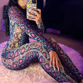 Sexy Women Jumpsuit Serpentine Print O-neck Long Sleeve Jumpsuit Backless Bodycon Jumpsuit