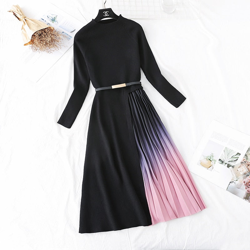 Knitted Patchwork Gradient Print Pleated Dress Long Sleeve Office One-Piece Sweater Dress With Belt