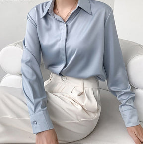 Spring Loose Women Satin Blouses Long Sleeve Single-breasted Female Shirts Top