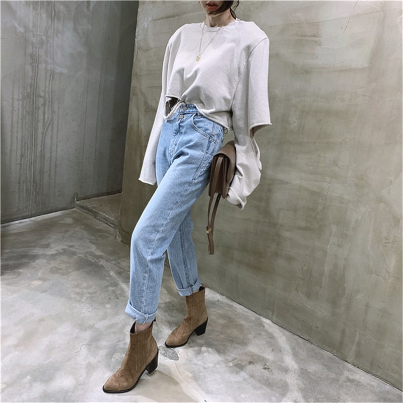 Donna Streetwear Jeans donna allentati in denim con bottoni Cerniera Pantaloni da donna