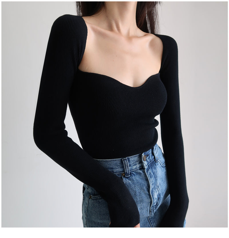 Magliette lavorate a maglia con scollo quadrato vintage francese da donna T-shirt pullover a maniche lunghe skinny da donna