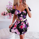 Streetwear Rullfes Decor Sling Strapless Short Sleeve Flower Print Mini Summer Dress