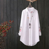 White Shirt Casual Wear Button Up Turn Down Collar Long Sleeve Cotton Blouse Embroidery