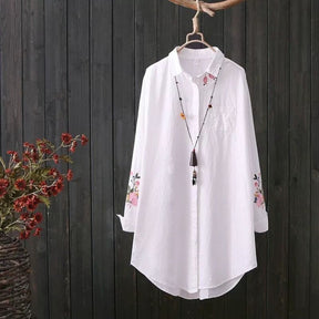 White Shirt Casual Wear Button Up Turn Down Collar Long Sleeve Cotton Blouse Embroidery