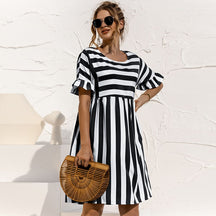 Spring Summer Dress Cute Loose Striped Print Ruffles Sleeves Dresses Elegant A Line Patchwork Beach Dress Vestidos