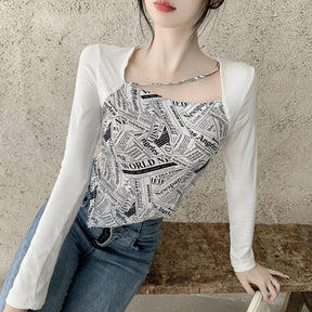 Letter Printed T-shirt Women Fake Two-piece Sexy Slim Long Sleeved Tops Female Cropped Tops