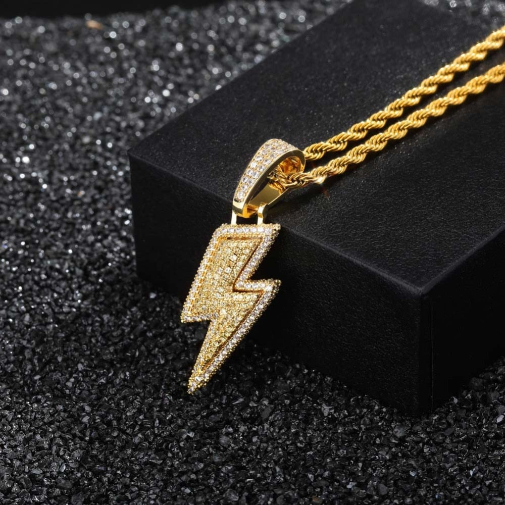 Iced Out Bling Lightning Pendants With Tennis Chain Copper Material Men's Hip Hop Jewelry Gift