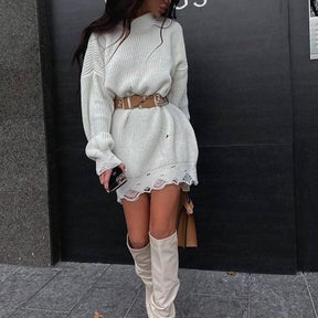 O Neck Oversized Mini Knitted Women Sweater Loose Dresses Autumn Winter Long Sleeve