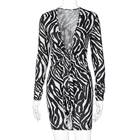 Zebra Print Long Sleeve V-Neck Bandage Sexy Mini Dress Streetwear Outfits Party Wear