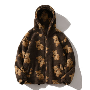 Hip Hop Men Women Fashion Bear Print Full Zip Hooded Coat Tops Outwear