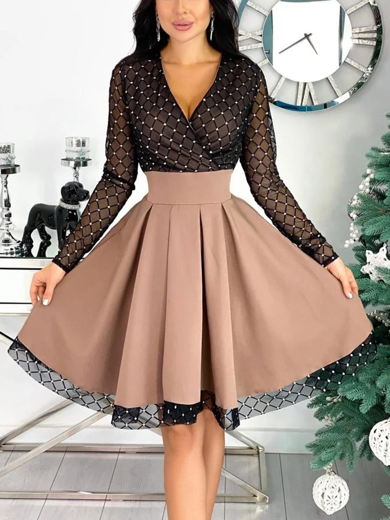 Shiny Sequin Diamond Mesh Stitching Dress Women Spring Autumn Sheer Long Sleeve Belted Slim A Line Dresses