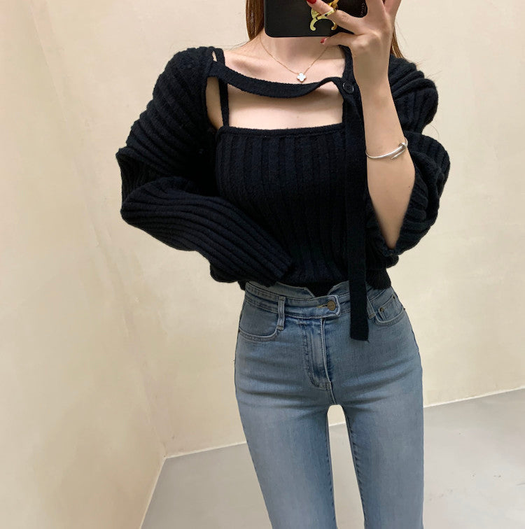 Camisole Knitted Cardigans Women Two Piece Sets 2021 Autumn Sweater Jacket Woman