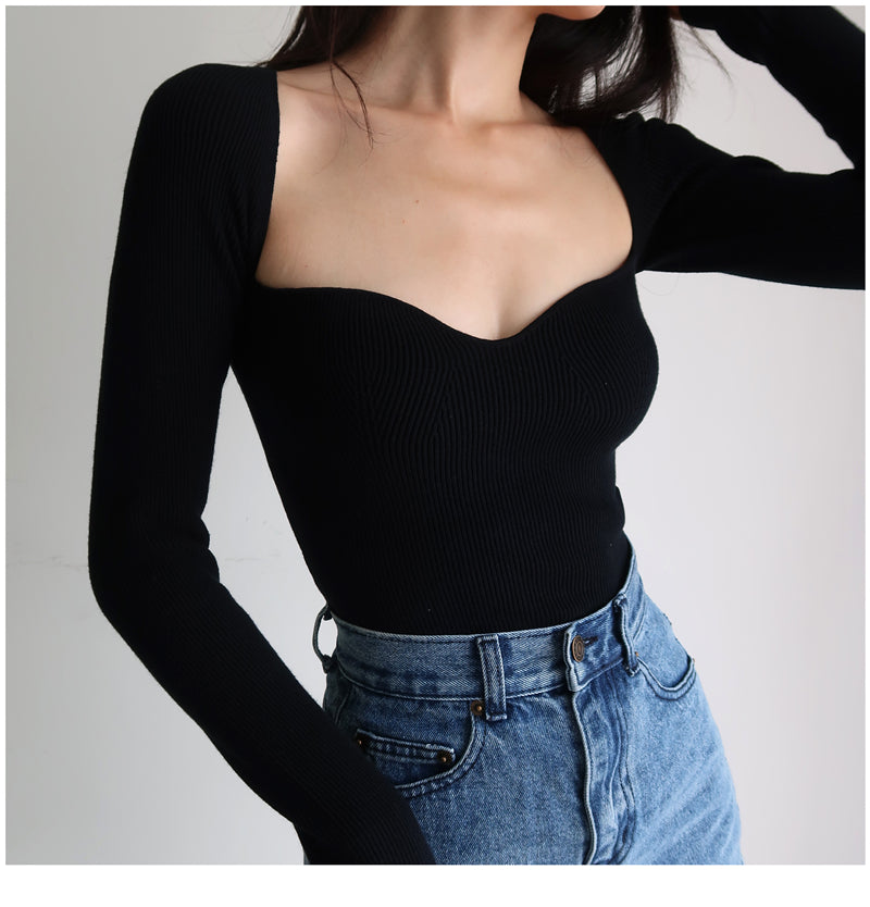 Magliette lavorate a maglia con scollo quadrato vintage francese da donna T-shirt pullover a maniche lunghe skinny da donna