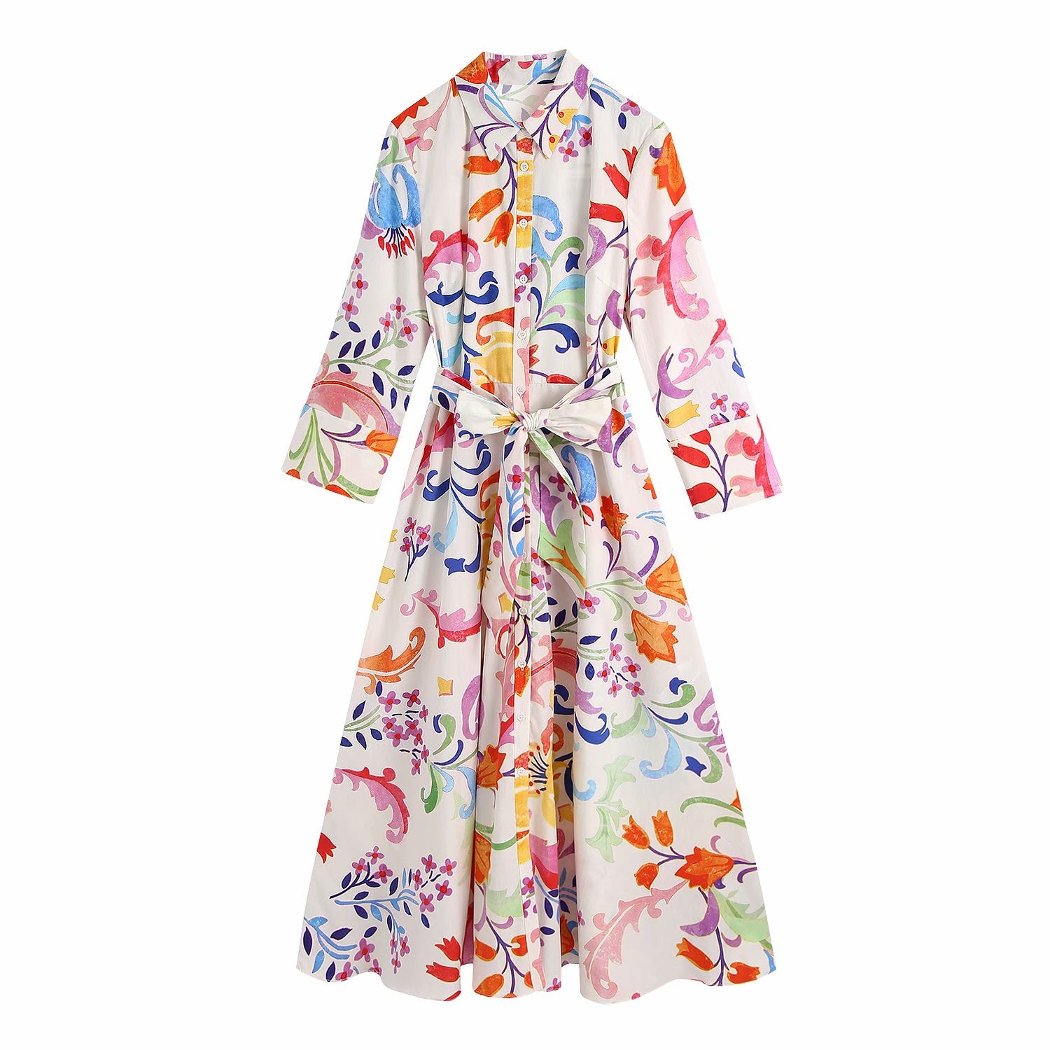 Women Vintage Totem Floral Print Bow Sashes Midi Shirt Dress Female Three Quarter Sleeve Slim Vestidos