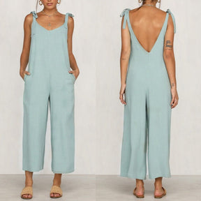 Women Sleeveless Rompers Loose Jumpsuit O Neck Casual Backless Overalls Trousers Wide Leg Pants