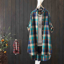 100% Cotton Plaid Shirt Long Sleeve Button Up Casua Loose Blouse Plus Size