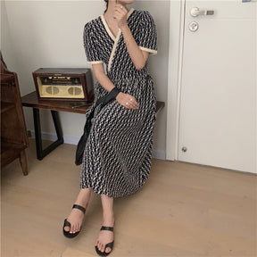 Women Summer V Neck Jacquard Floral Long Dress High Waist Short Sleeve Exquisite Midi Dresses