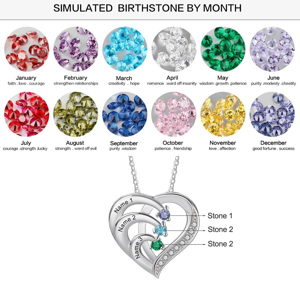 Family Name Heart Necklaces for Women Birthstone Engraving Necklace